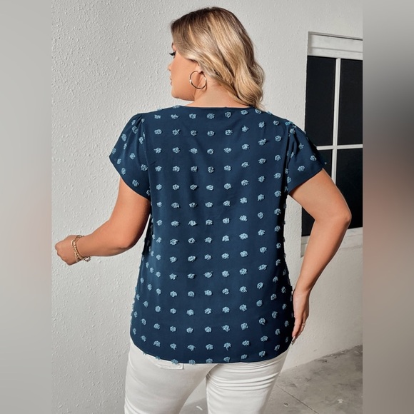 Plus Size Swiss Dot V-Neck Flutter Sleeve Tee Peacock Blue - Picture 5 of 6